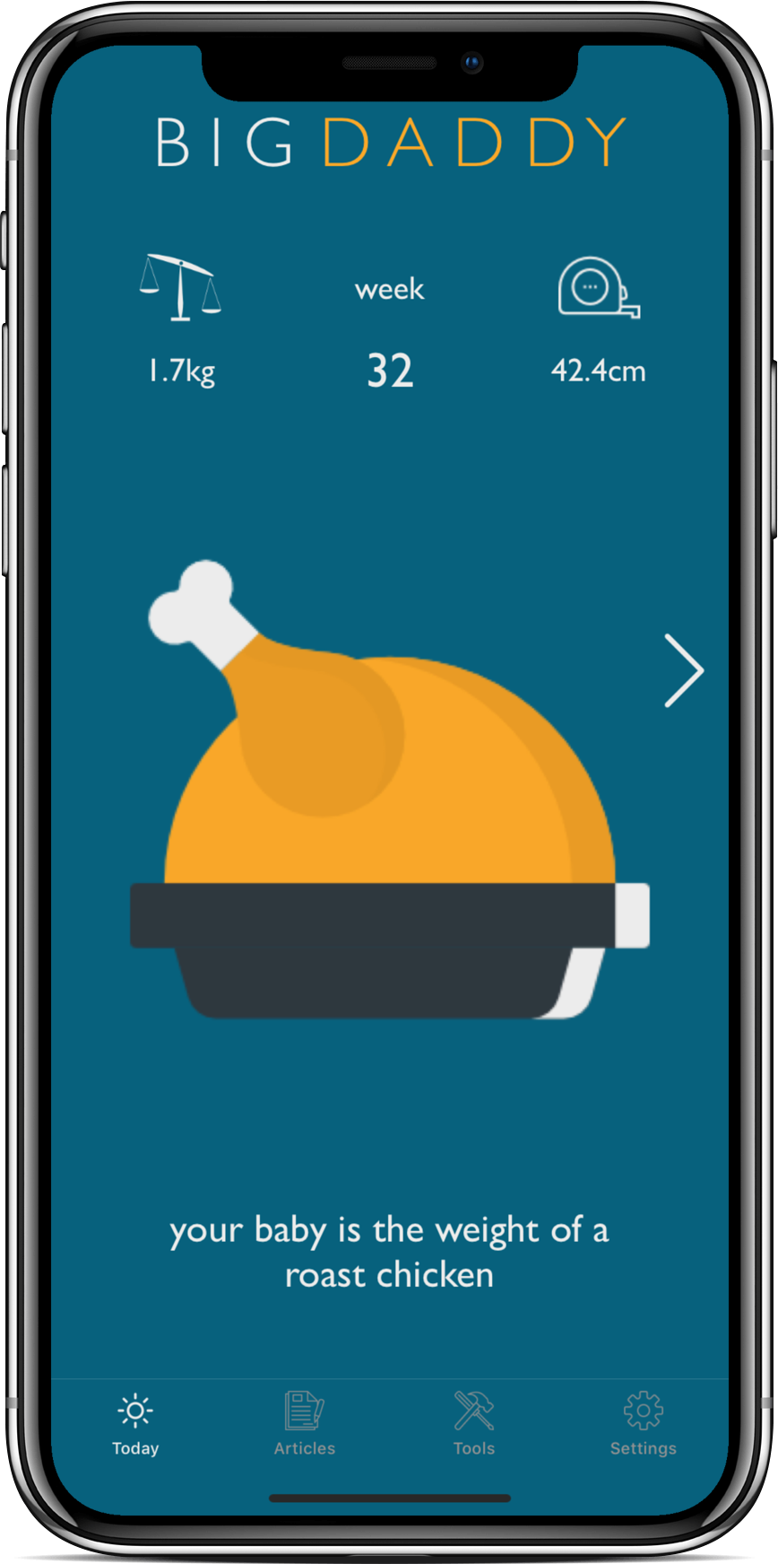 Big Daddy app showing a weekly baby size comparison with a roast chicken